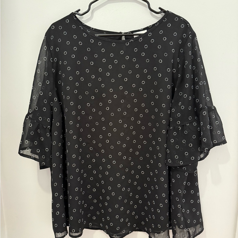 Ava & Viv Black Chiffon Blouse with White Dot Print